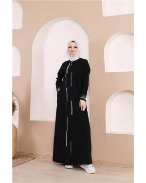 Long Abaya with Stone Details, Zipper and Pockets
