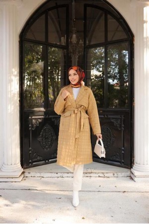 Kruvaze Yaka Cepli Belden Bağcıklı Trençkot 