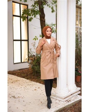 Kruvaze Yaka Cepli Belden Bağcıklı Deri Trençkot 