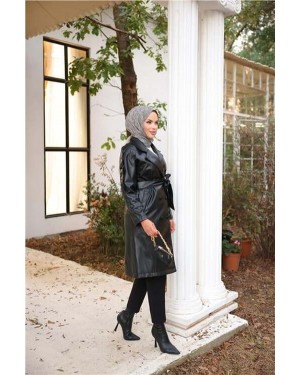 Kruvaze Yaka Cepli Belden Bağcıklı Deri Trençkot 