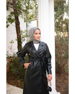 Kruvaze Yaka Cepli Belden Bağcıklı Deri Trençkot 