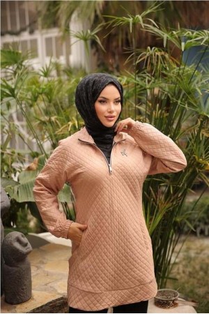 Kısa Fermuarlı Yaka Kapitone Şık Spor Sweat 