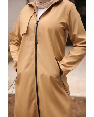 Fermuarlı İki Yan Cepli Uzun Trençkot 