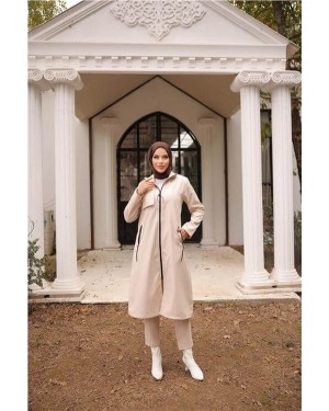 Fermuarlı İki Yan Cepli Uzun Trençkot 