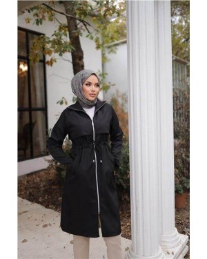 Fermuarlı İki Yan Cepli Belden Bağcıklı Uzun Trençkot 