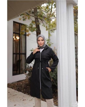 Fermuarlı İki Yan Cepli Belden Bağcıklı Uzun Trençkot 