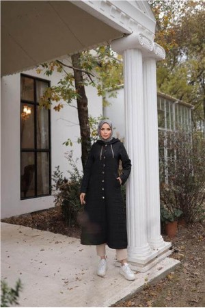 Kapşonlu Çıtçıtlı İki Yan Cepli Uzun Kap 