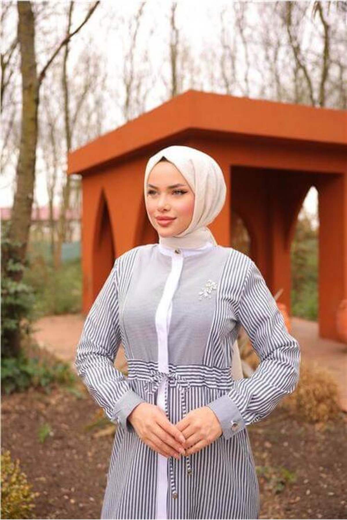 Crew Neck, Belted Waist, Striped Pattern Dress