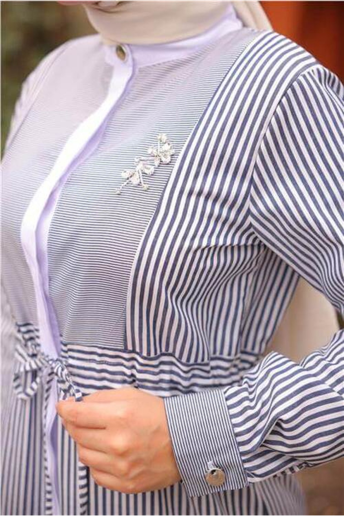 Crew Neck, Belted Waist, Striped Pattern Dress detay görseli
