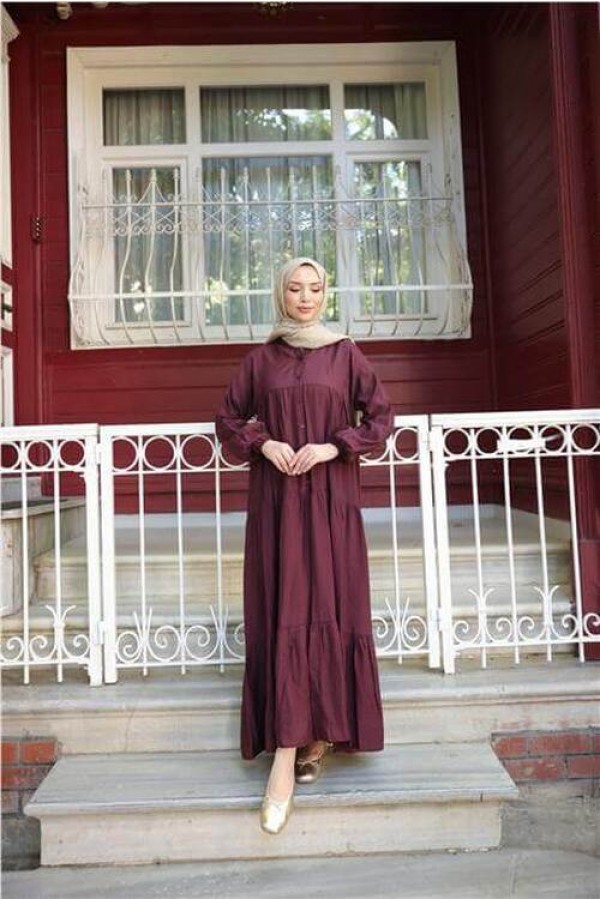 Yarı Düğmeli Pileli ve Lastik Kollu Uzun Salaş Elbise 