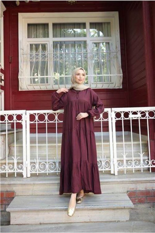 Yarı Düğmeli Pileli ve Lastik Kollu Uzun Salaş Elbise 