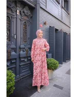 Crew Neck Floral Patterned Ruched Long Dress
