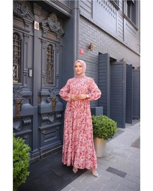 Crew Neck Floral Patterned Ruched Long Dress