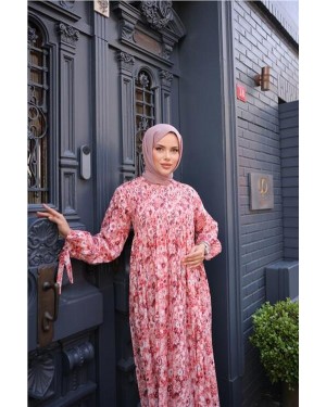 Crew Neck Floral Patterned Ruched Long Dress