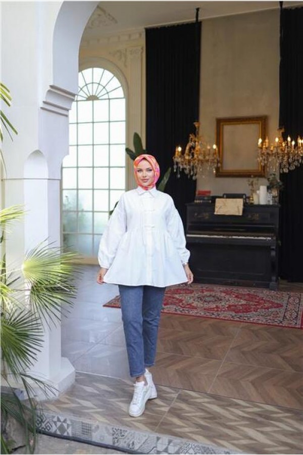 Kolları Lastikli Belden Büzgülü Bağcık Düğmeli Gömlek 