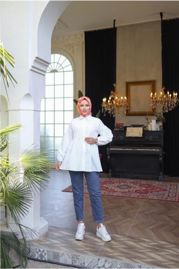 Kolları Lastikli Belden Büzgülü Bağcık Düğmeli Gömlek 