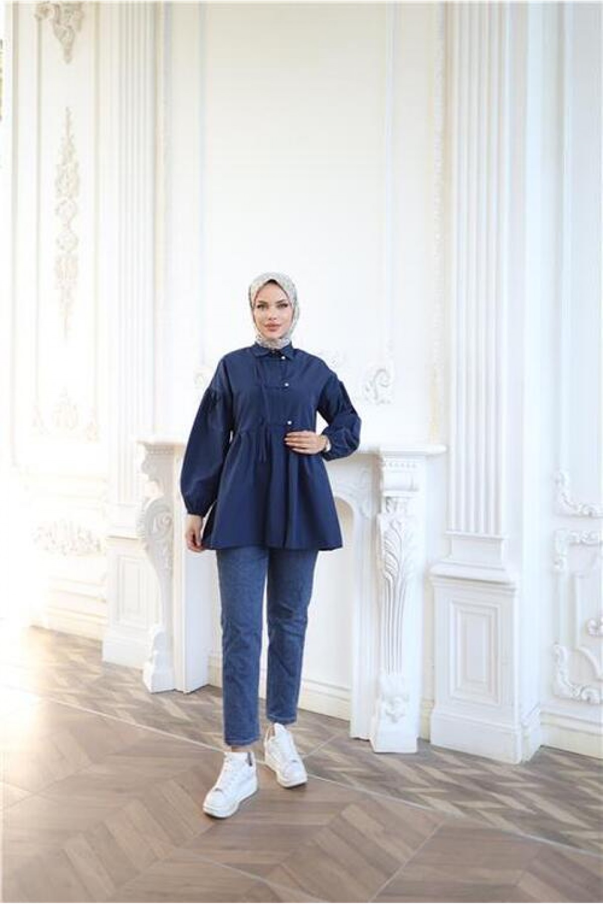 Shirt with Elasticated Sleeves, Drawstring Waist and Button Closure