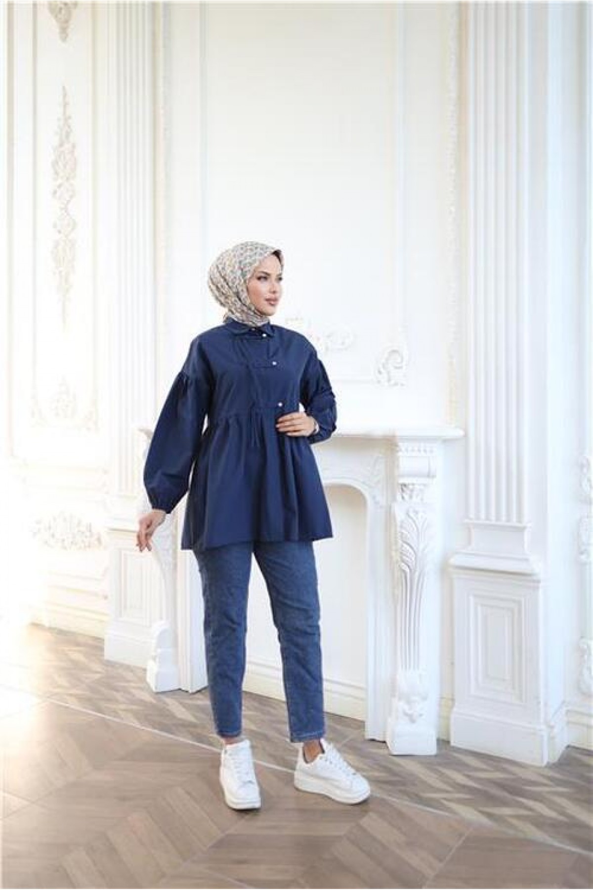 Shirt with Elasticated Sleeves, Drawstring Waist and Button Closure