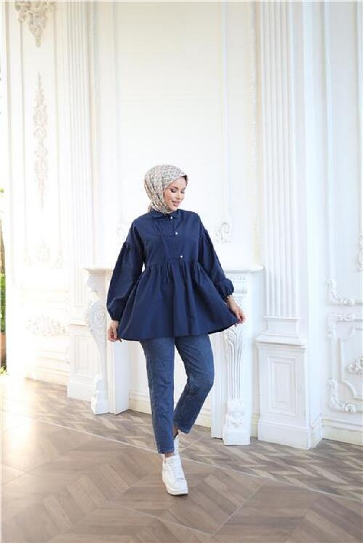 Shirt with Elasticated Sleeves, Drawstring Waist and Button Closure