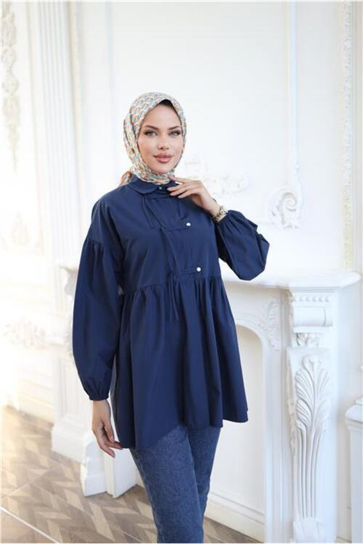 Shirt with Elasticated Sleeves, Drawstring Waist and Button Closure