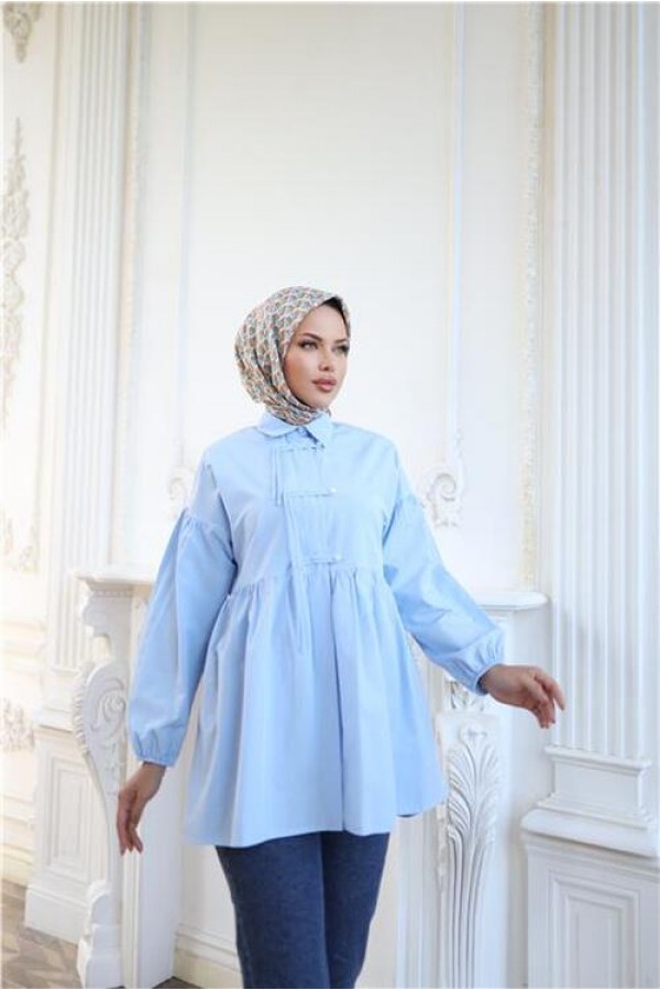 Kolları Lastikli Belden Büzgülü Bağcık Düğmeli Gömlek 