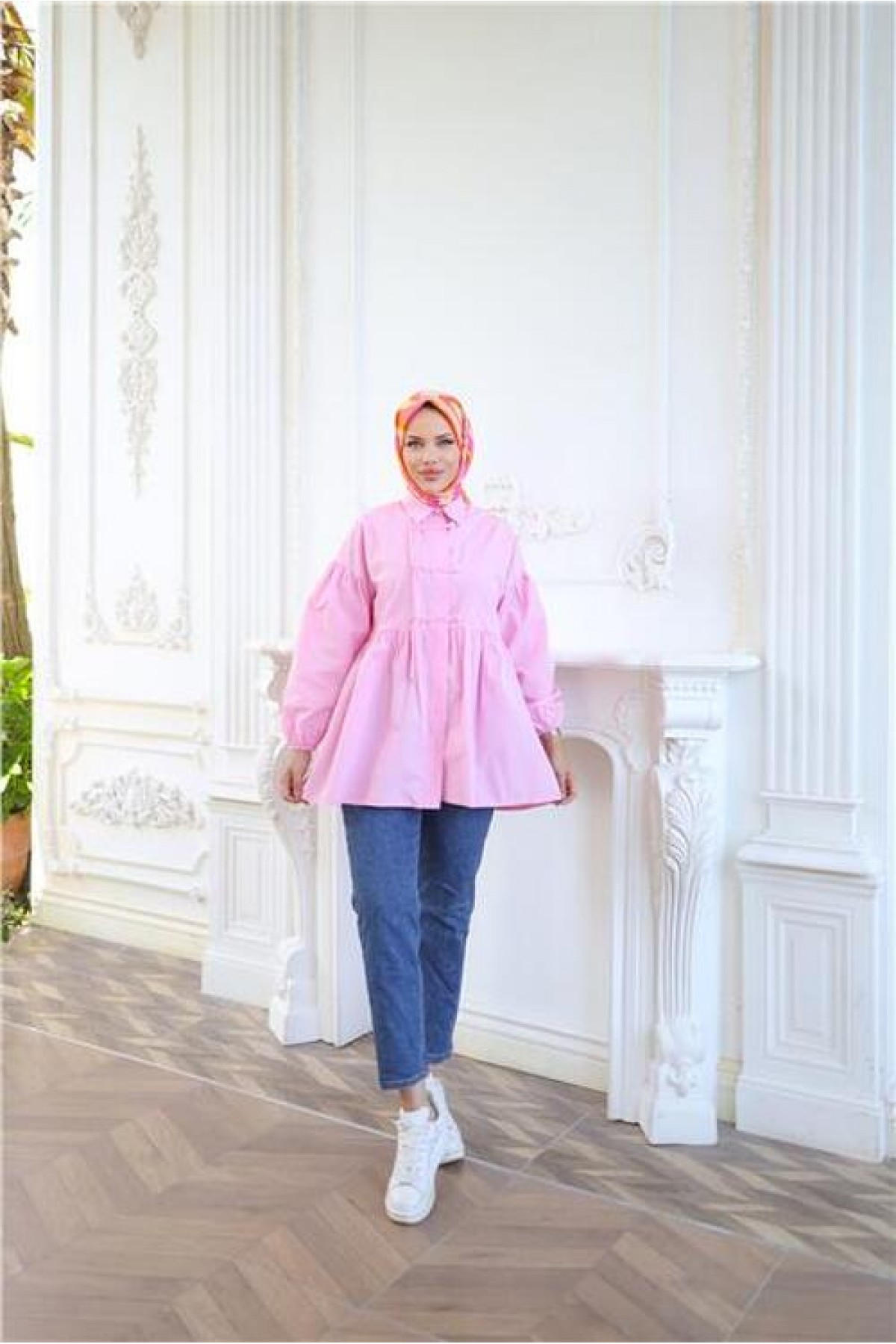 Shirt with Elasticated Sleeves, Drawstring Waist and Button Closure