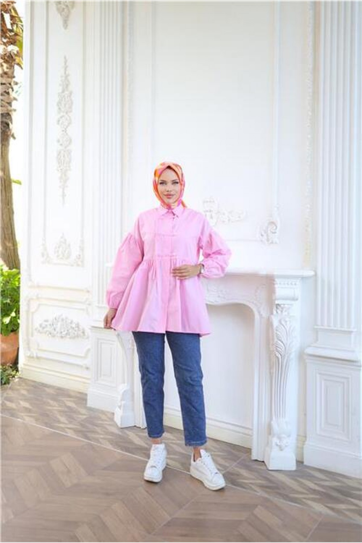 Shirt with Elasticated Sleeves, Drawstring Waist and Button Closure