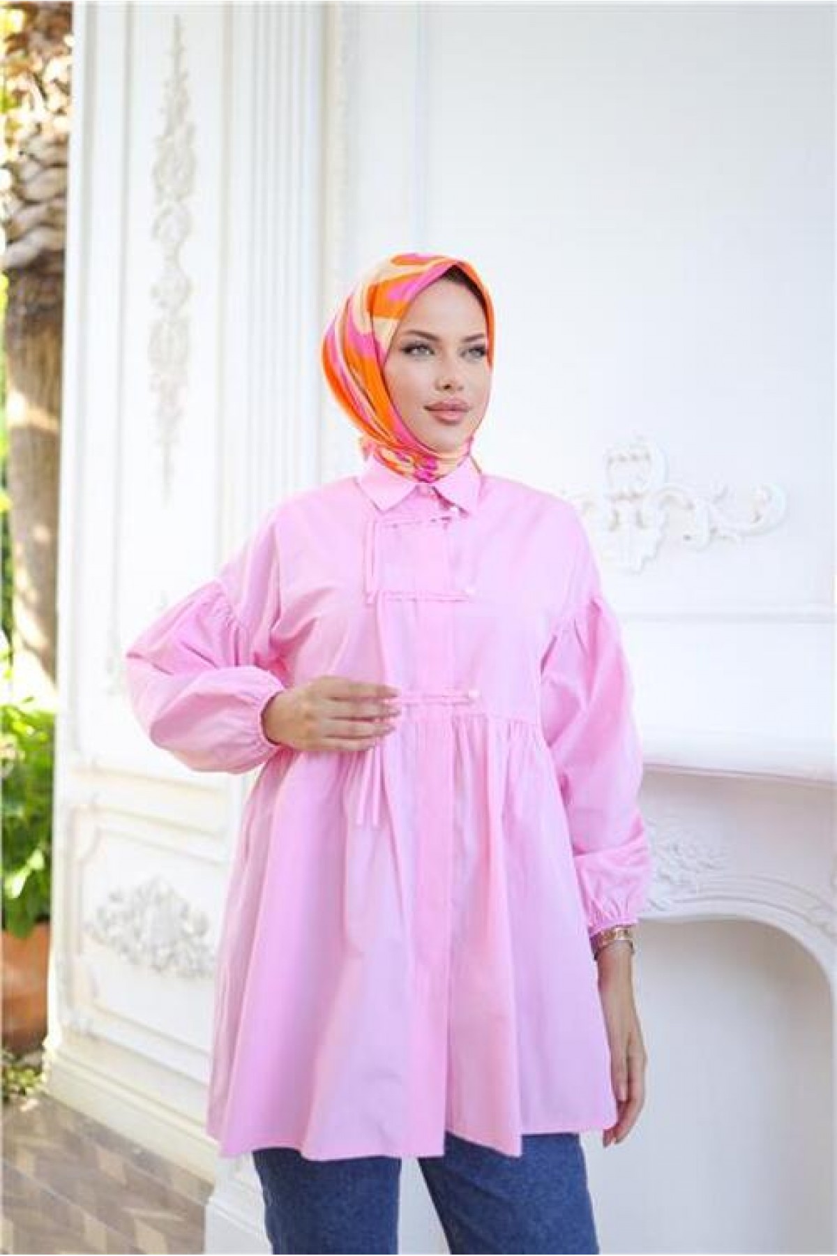 Shirt with Elasticated Sleeves, Drawstring Waist and Button Closure