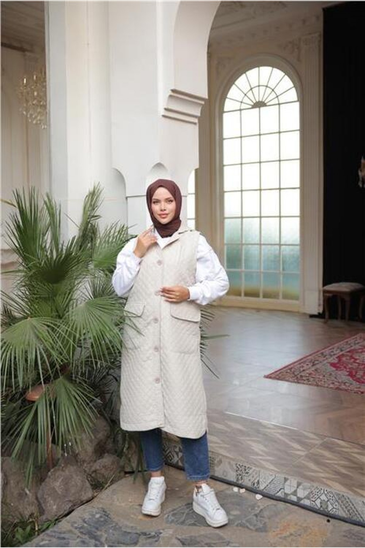 Hooded, Buttoned, Sleeveless, Pocketed, Quilted Long Vest