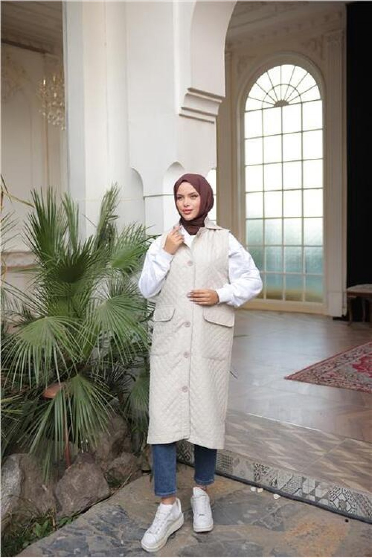 Hooded, Buttoned, Sleeveless, Pocketed, Quilted Long Vest