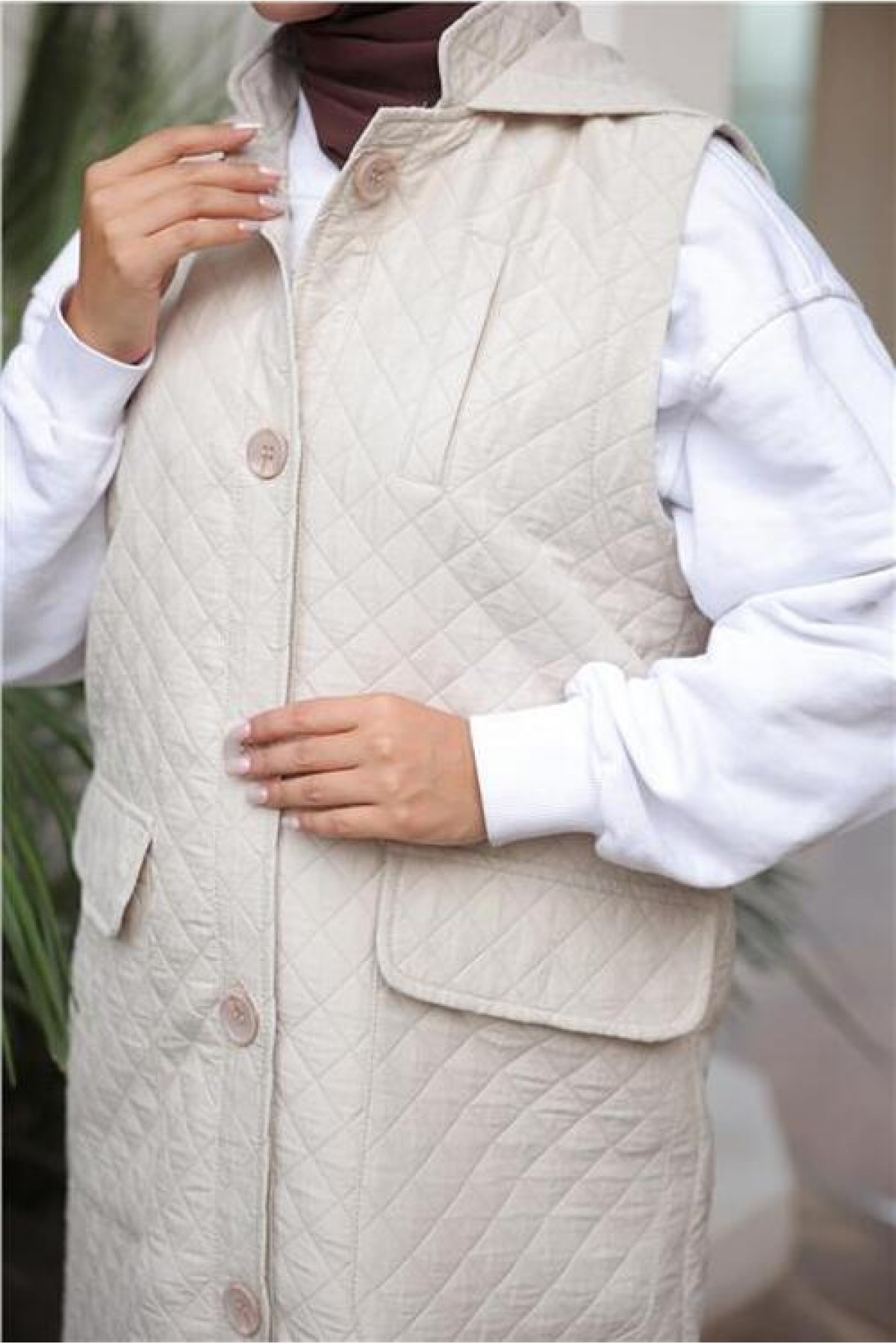 Hooded, Buttoned, Sleeveless, Pocketed, Quilted Long Vest