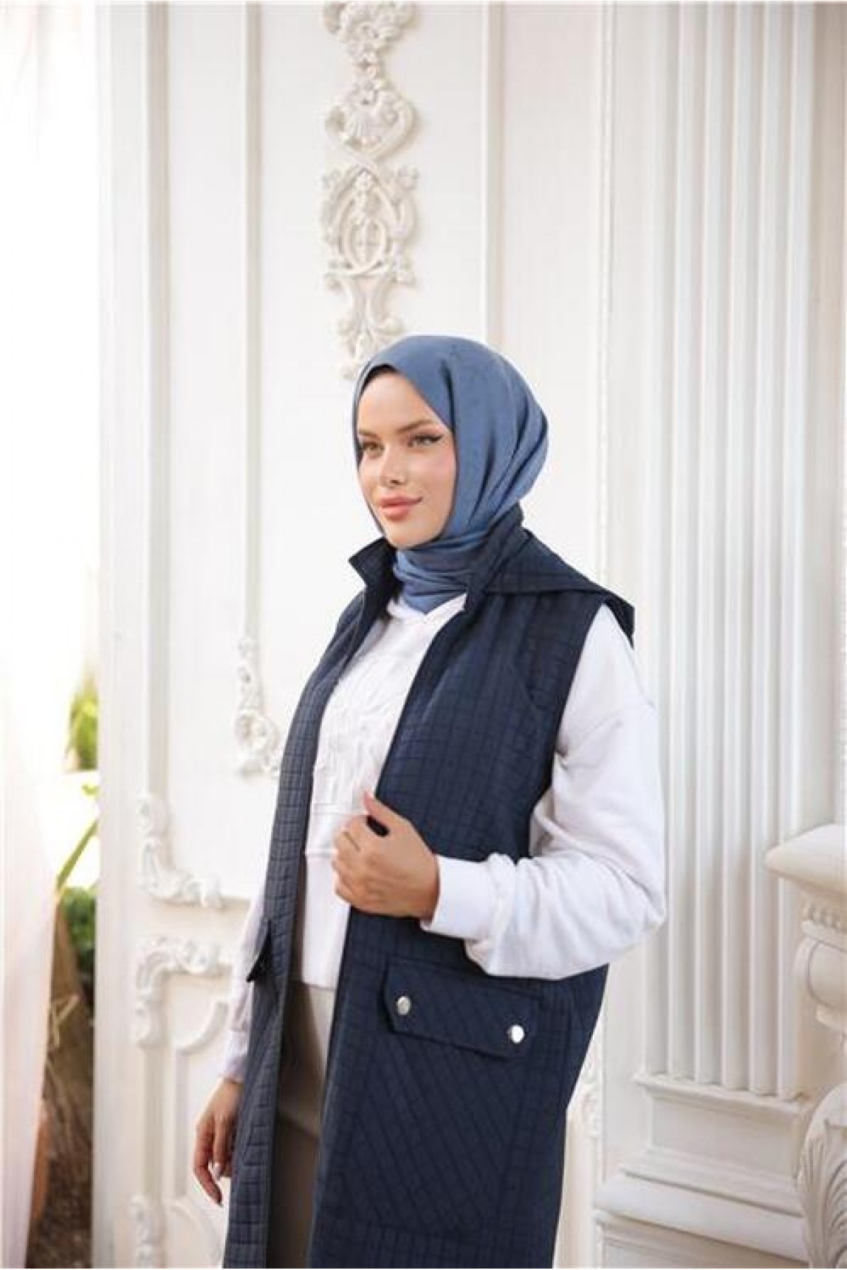 Hooded, Zip-Up, Sleeveless, Quilted Long Vest with Front Pockets