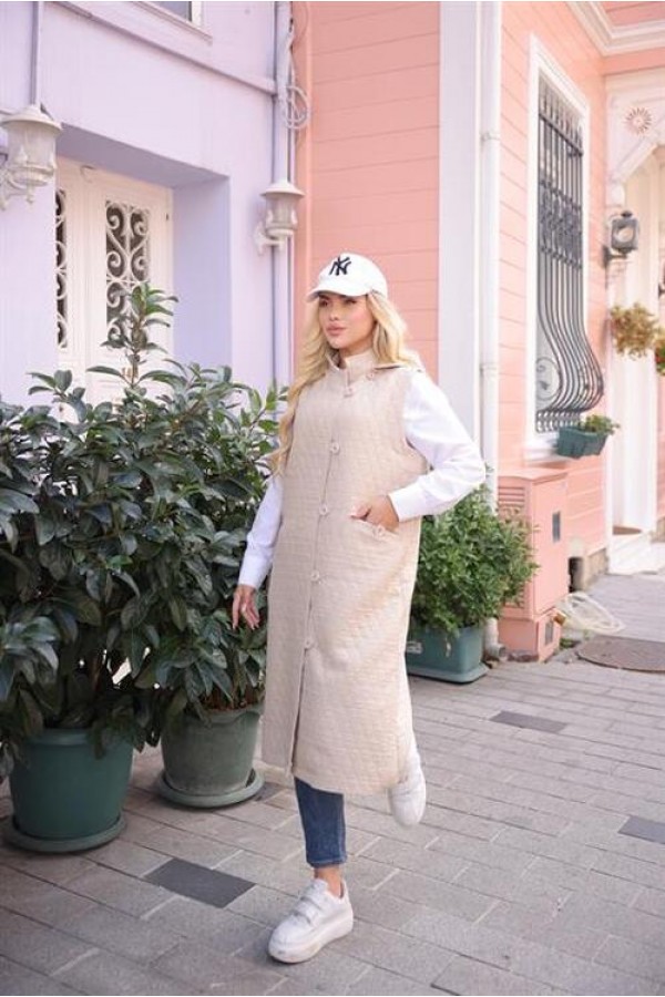 Cepli Düğmeli Kolsuz Uzun Kapitone Yelek 