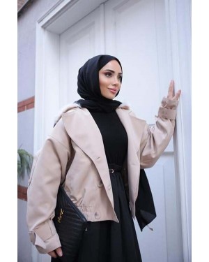 Kruvaze Ceket Yaka Lastikli Şerit Detaylı Kısa Trençkot 