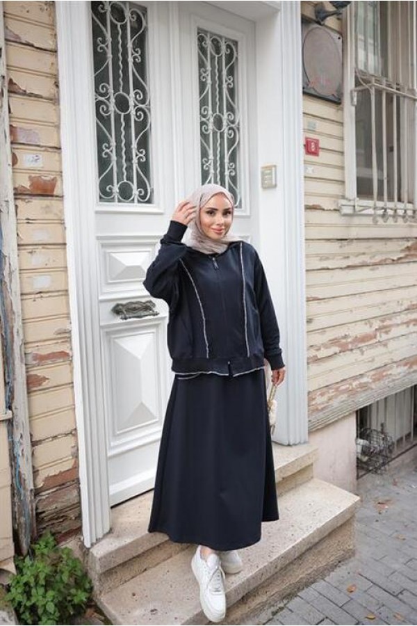 Fermuarlı Kapşonlu İkili Tesettür Etek Takımı 