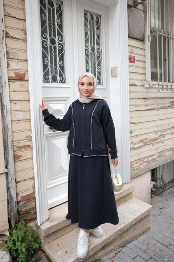 Fermuarlı Kapşonlu İkili Tesettür Etek Takımı 
