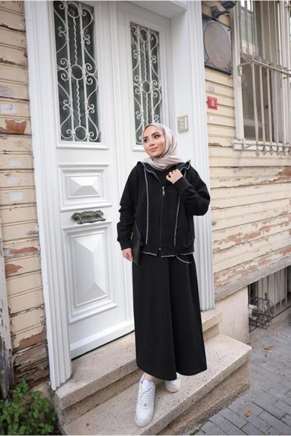 Fermuarlı Kapşonlu İkili Tesettür Etek Takımı 