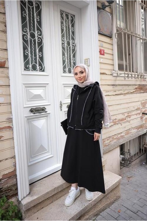 Fermuarlı Kapşonlu İkili Tesettür Etek Takımı 