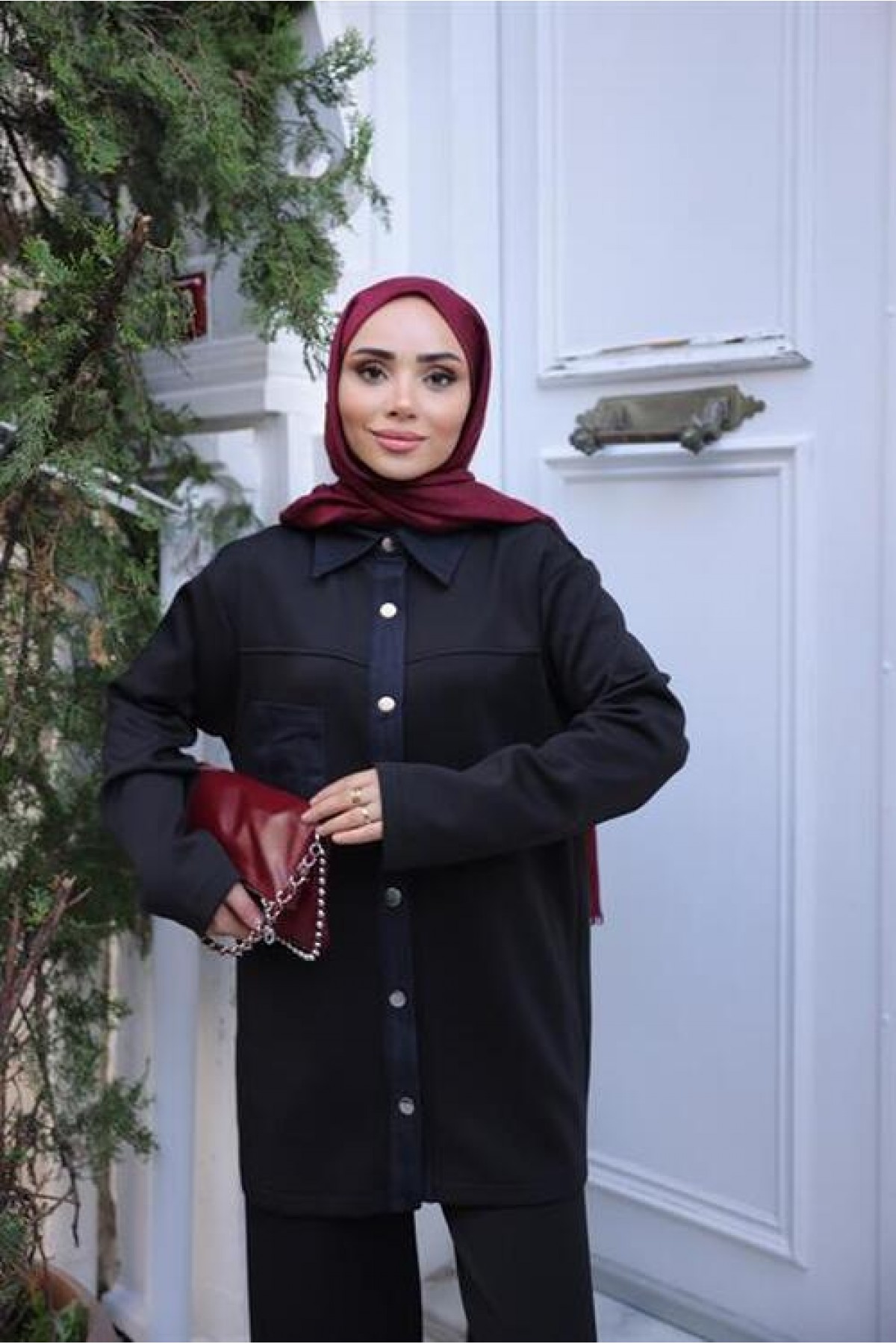 Snap Button Shirt Collar Pocket Two-Piece Hijab Tracksuit Set