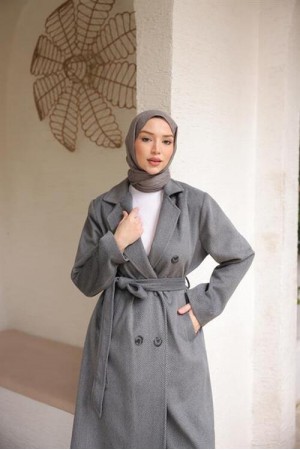 Belden Bağcıklı Kruvaze Ceket Yaka Uzun Kaşe Kaban 