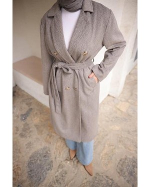 Belden Bağcıklı Kruvaze Ceket Yaka Uzun Kaşe Kaban 