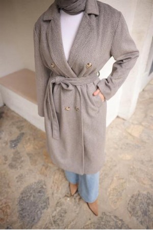 Belden Bağcıklı Kruvaze Ceket Yaka Uzun Kaşe Kaban 