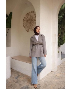 Belden Kemerli Cepli Ceket Yaka Kısa Kaşe Kaban 