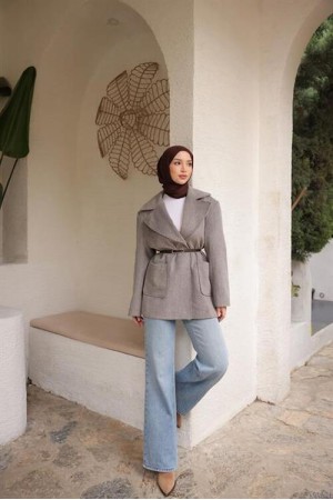 Belden Kemerli Cepli Ceket Yaka Kısa Kaşe Kaban 