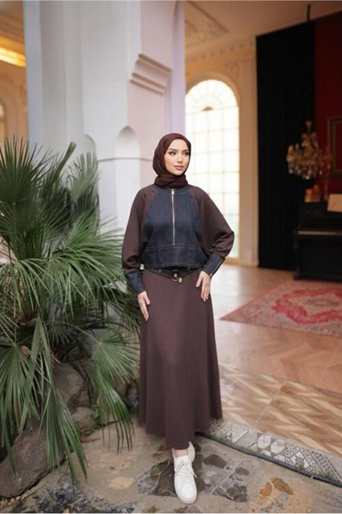 Two-Piece Hijab Skirt Set with Zipper and Denim Details