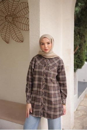 قميص كاروهات طويل بغطاء رأس، منقوش، مزود بجيوب