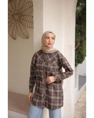 Kapşonlu Desenli Cepli Uzun Kesim Ekose Gömlek 