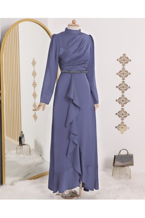 Eteği Fırfırlı Beli Taşlı Hakim Yaka Saten Abiye  -Mavi