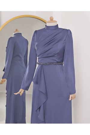 Eteği Fırfırlı Beli Taşlı Hakim Yaka Saten Abiye  -Mavi