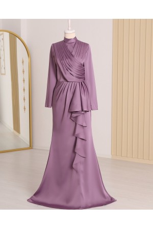 Eteği Fırfırlı Önü Drapeli Saten Abiye -Lila